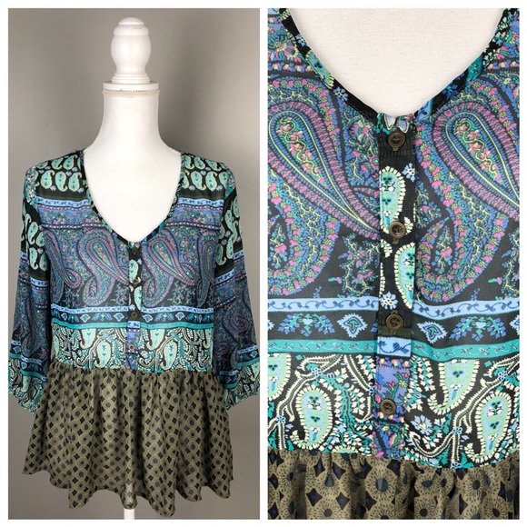 Umgee Tops - Umgee Paisley Sheer 3/4 Sleeve Flowy Peplum Top